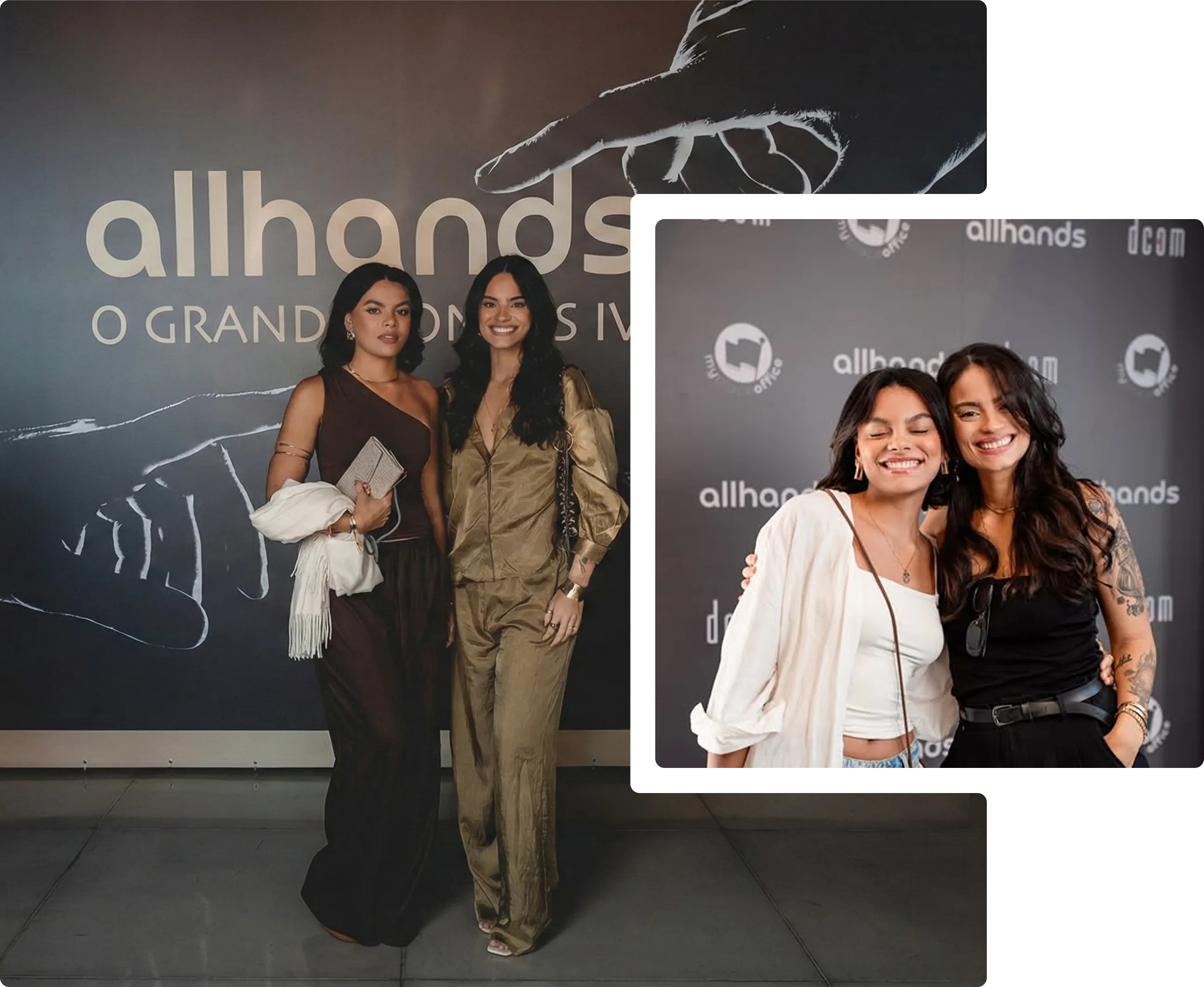 Sócias-fundadoras da Icônica em destaque: liderança abraçada em frente ao painel da marca, com colagem da equipe completa celebrando ao fundo.